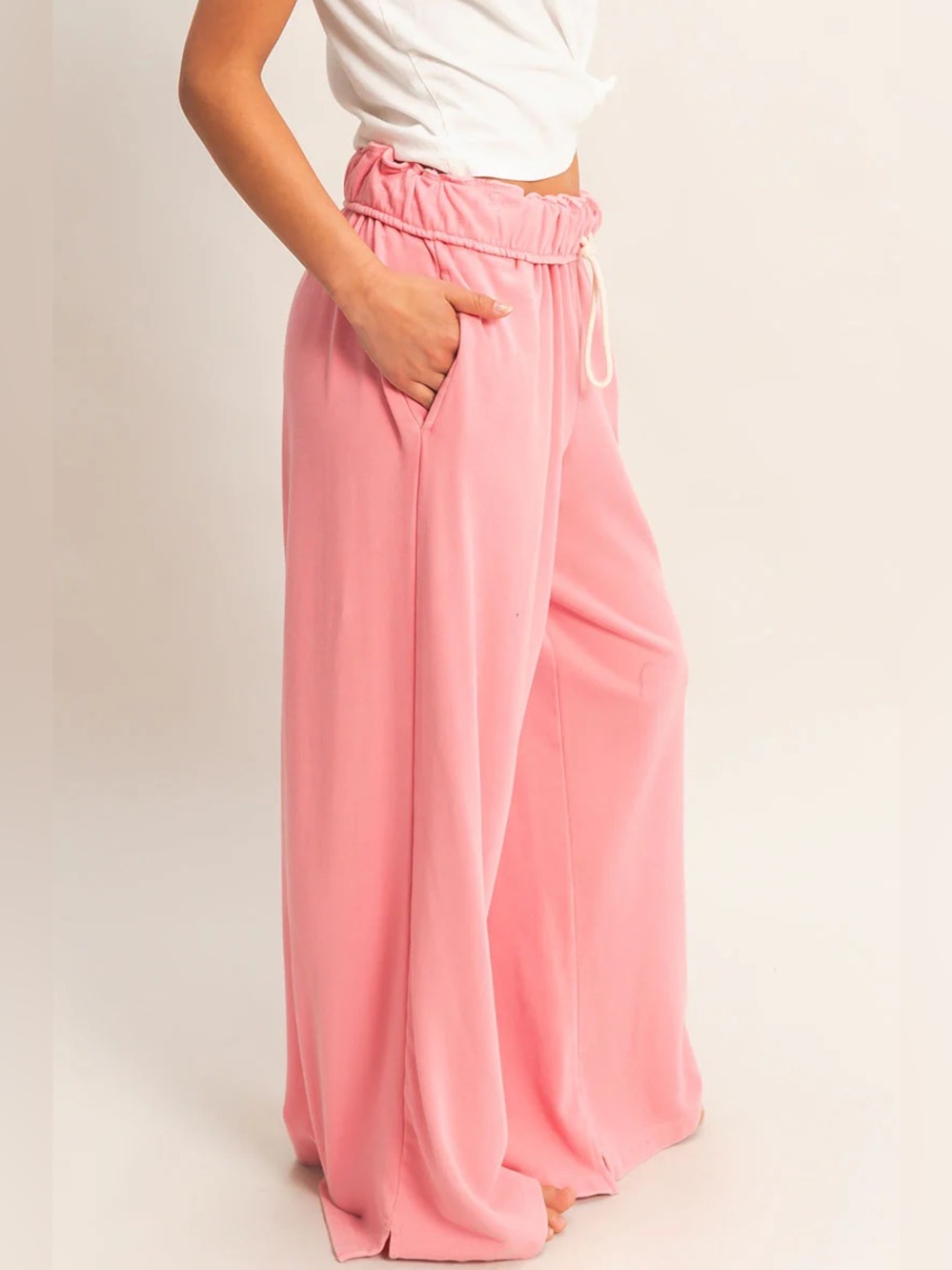 NWT Fold Over Waist Wide Leg Sweatpant Taffy Pink - Picture 11 of 13
